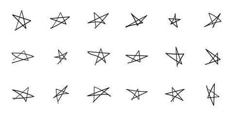 Artistic set of twenty-one unique hand-drawn sketchy star doodles on a clean white background