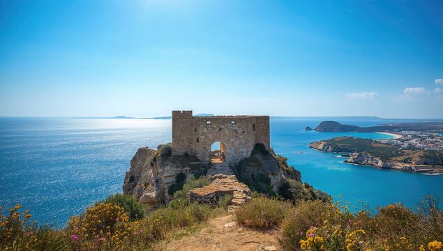 Monolithos Castle ruins on Rhodes Island with scenic Mediterranean Sea backdrop, ancient fortress preservation
