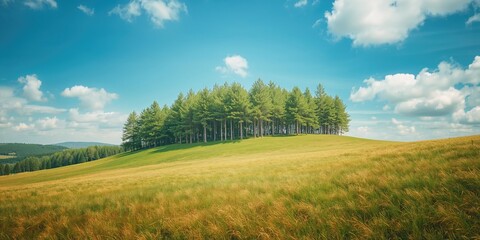 Obraz premium Lush grassy hills dominate the summer highlands with dense fir tree coverage