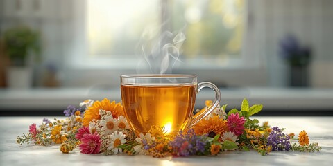 Herbal tea served with fresh flowers on a soothing surface suitable for relaxation themes, World Health Day
