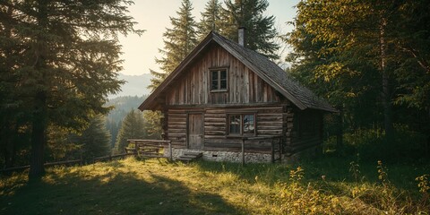 Fototapeta premium Wooden cabin nestled among lush evergreen trees in a tranquil landscape, ideal for nature escapes