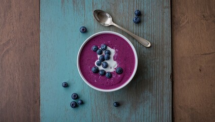 Homemade smoothie with blueberries, used as a nutritious breakfast option, rustic background