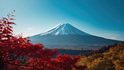 Clear view of a snow covered summit surrounded by colorful autumn leaves and a cloudless sky, Earth Day
