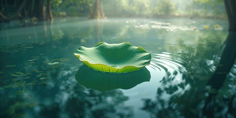 Lotus leaf resting on water surface, highlighting plant hydration strategies, World Environment Day