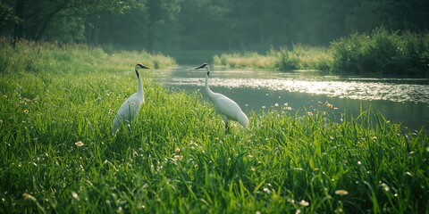 Fototapeta premium Group of white cranes amid vibrant mosaic grass in an open landscape, highlighting bird conservation