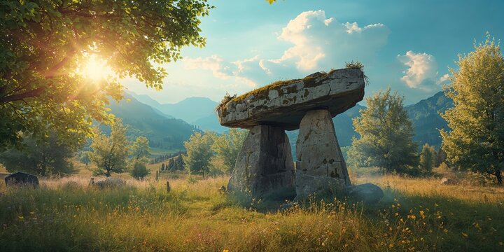 Summer scene featuring an ancient dolmen in a Caucasus landscape, highlighting historical site maintenance