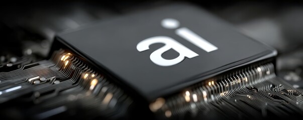 Close up of a microchip featuring the AI logo on a blue background