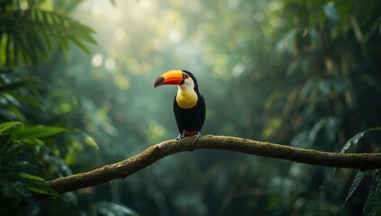 Obraz premium Toucan Barbet sitting on mossy stick in vibrant green foliage, highlighting bird conservation efforts
