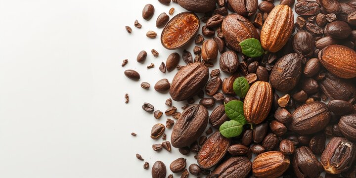 Cocoa beans in shell and dried cocoa fruit with green leaves, illustrating raw material preparation for chocolate production