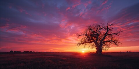Obraz premium A sunset behind a withered tree highlights seasonal change, ideal for nature preservation themes