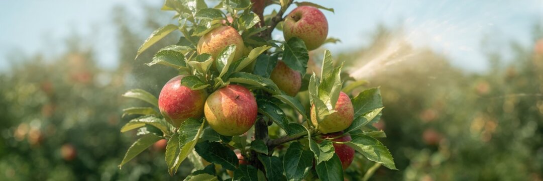 Apple tree being sprayed with sulphate and ammonia for pest control, agricultural maintenance