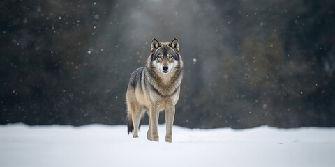 Obraz premium Gray wolf in winter forest setting, isolated animal amidst snow, natural habitat, Earth Day