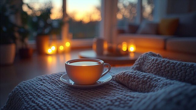 Cup of tea with candles creating cozy evening atmosphere