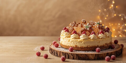 Christmas dessert with gingerbread cookies and sugared cranberries on a cheesecake, festive season