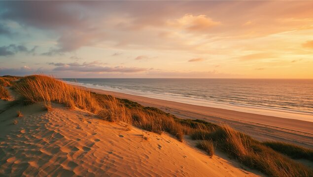 Dune summit overlooking the North Sea at sunset, coastal scenery, seasonal change