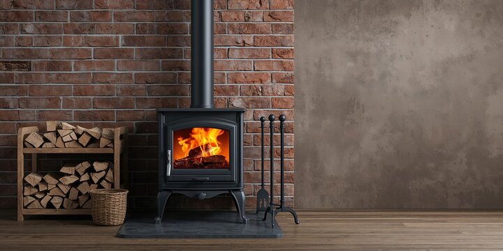 Firewood rack and briquettes placed near a brick wall in front of a wood-burning stove, maintenance and safety practices
