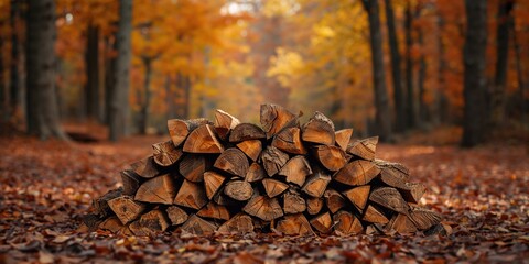 Bundles of firewood with earthy hues arranged for outdoor heating, winter preparation