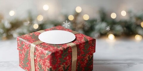 Round white sticker mockup for gift with adhesive label on box, used for labeling or branding purposes