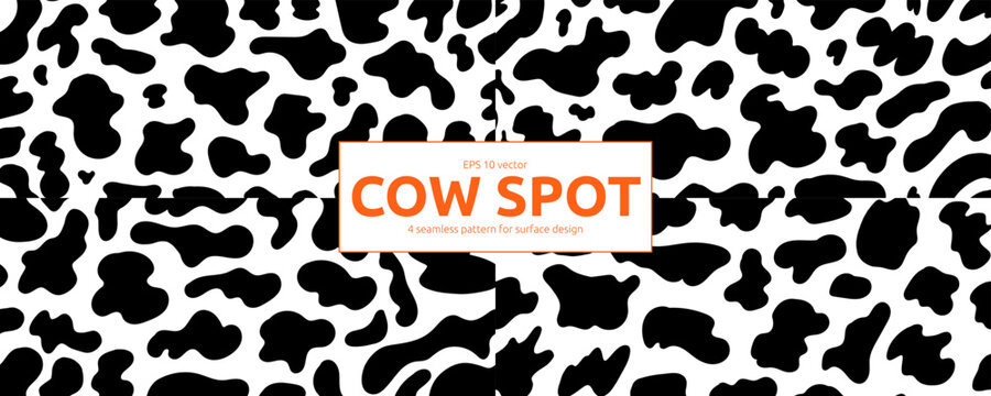 Black and White Cow Skin Pattern Set. Seamless Animal Texture with Milk Sport Print Kit. Vector Doodle Surface Design Bundle