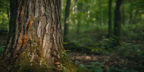 Obraz premium Tree trunk with lichen on bark, natural growth and ecological balance, Earth Day