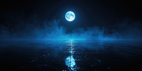 Urban nighttime scene featuring neon blue light rays on a wet surface, highlighting city vibrancy