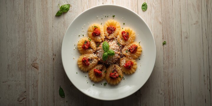 Conchiglioni Rigati pasta with dry tomato and meat filling, cheese garnish, culinary plating focus