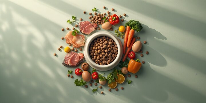 Dog meal featuring natural ingredients like raw meat fish vegetables eggs and salad alongside dry pet feed highlighting health benefits, no holiday
