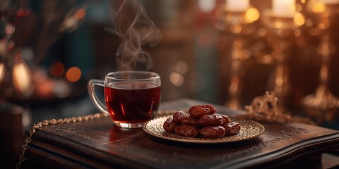 Black tea and dates, highlighting a fiber-rich drink option for breakfast or snack