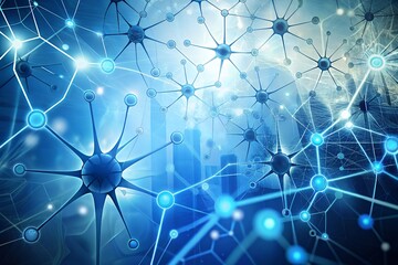 Vibrant neural network connections over futuristic cityscape background