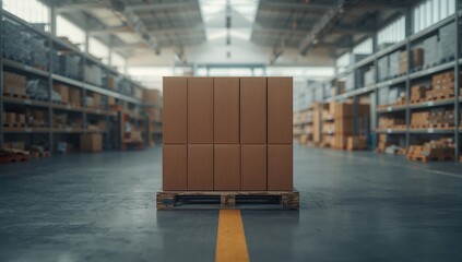 Cargo supplies organized in a warehouse setting with stacked shipment boxes on pallets, highlighting distribution operations