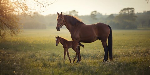 Dun mare and her foal grazing outdoors, focusing on animal growth and nurturing behaviors, springtime