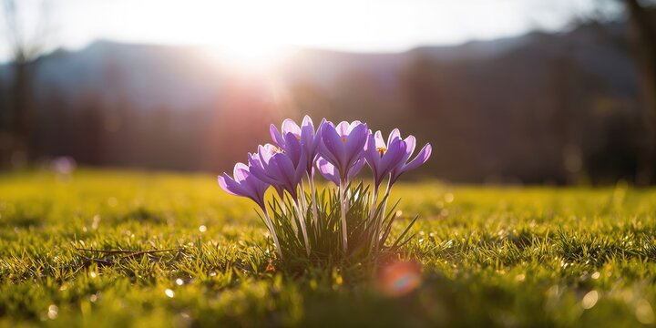 Pasque flowers, violet blue blooms thriving in bright spring sunlight on mountain meadows, seasonal flora awareness day