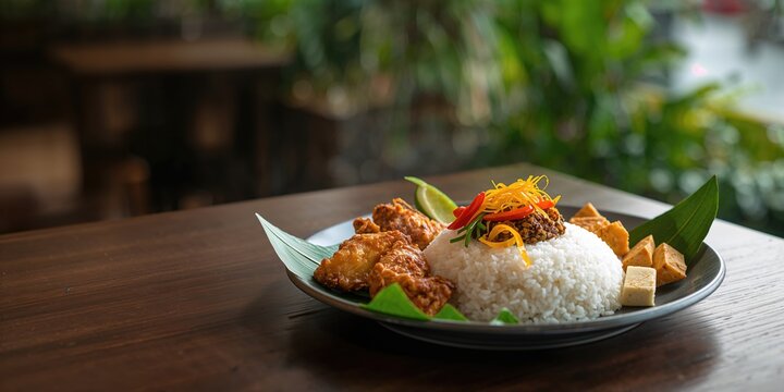 Tempong rice served with tofu, tempeh, and fried fish or chicken, protein-rich meal choices