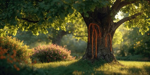 Summer cherry tree growth showing disease control measures, focusing on horticultural care and health