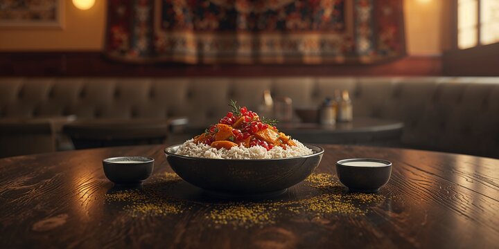 Chicken-based Fesenjoon with walnuts and pomegranate sauce, emphasizing traditional ingredient combinations