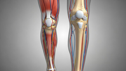 3D medical illustration showing detailed human leg anatomy with muscles, skeletal bones, circulatory veins, and nervous system structures. Suitable for orthopedic presentations and anatomy education