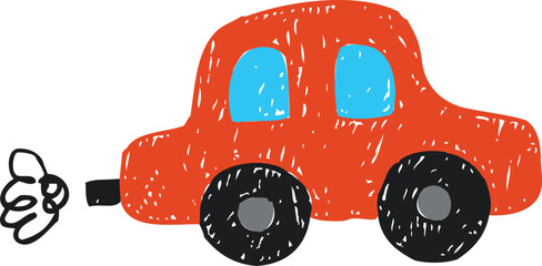 Red car crayon sketch, vector cartoon vehicle chalk, pencil texture, transport ride kids hand drawing doodle graphic