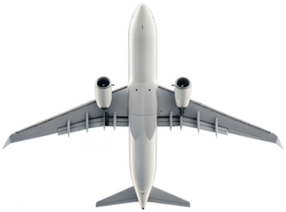 A sleek, modern, passenger airplane with a predominantly grey fuselage and dark blue engine nacelles, rendered in a realistic digital style, sits stationary, isolated on transparent background.