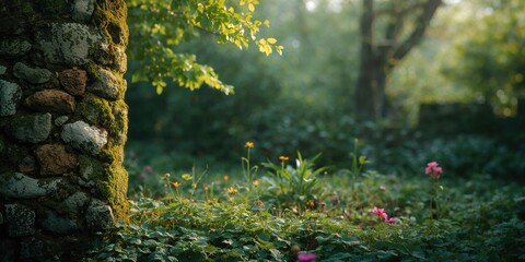 Stone wall with moss growth in outdoor environment suitable for editorial header backgrounds