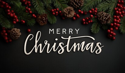 "Merry Christmas" text on a black background with pine branches, holly berries and cones arranged as a festive greeting card template for the holidays.