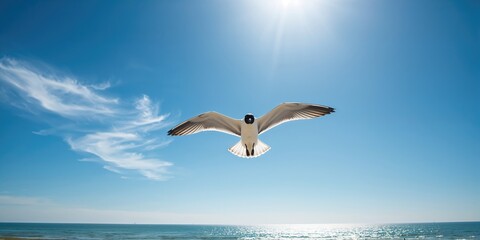 Black-headed gull with wings spread mid-flight against bright sky, bird mobility
