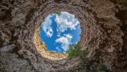 Underneath perspective of a blue sky with white clouds visible through a sinkhole in the Caucasus, geological stability