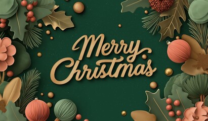 A paper cut style Christmas background with "Merry Christmas" in golden cursive on emerald green, surrounded by festive decorations like pine leaves, holly berries and ornaments.