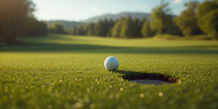 Close-up of a golf ball beside the cup on the putting green, illustrating aiming skills and accuracy