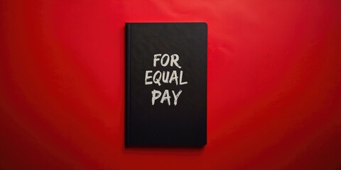 Gender wage equality statement written on a black notebook page against a red background highlighting pay gap issues, International Women's Day