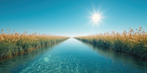 Sunlit riverbank with flowing water and tall grasses swaying in the breeze, suitable as a nature background, Earth Day