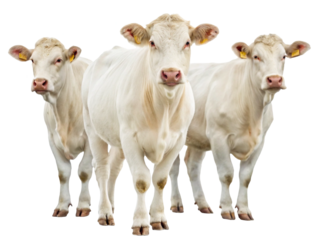 Three white cows stand in a row, evoking a sense of serene farm life, perfect for agricultural marketing, dairy industry visuals, and peaceful country scenes