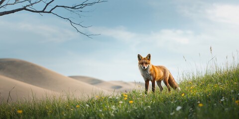 Obraz premium Red fox standing in a natural setting, wildlife preservation awareness