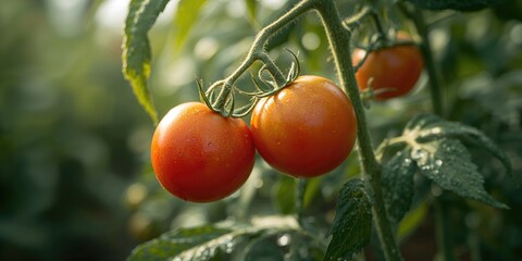 Tomatoes maturing on plant, detailed view crop growth for gardening or farming projects