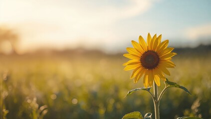 Fototapeta premium Bright sunflower head with vibrant petals in a sprawling field, ideal for landscape or floral layout backgrounds
